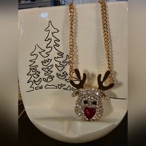 BETSY JOHNSON Gold Tone Reindeer Pendant Necklace with Red Accent